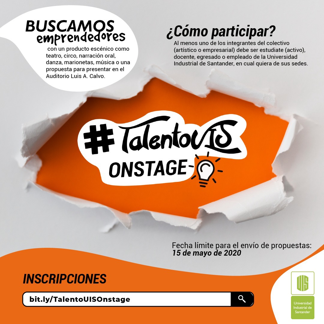 UIS's tweet photo. #ComunidadUIS ¿Tienes talento en teatro, circo, narración oral, danza, marionetas o música vocal? 🎭🤹👩‍🎤 Participa en nuestra convocatoria #TalentoUIS
Inscríbete 👉 https://t.co/4pMhIgDQW0
Fecha límite: 15 de mayo de 2020 https://t.co/OgA42f4Eqy