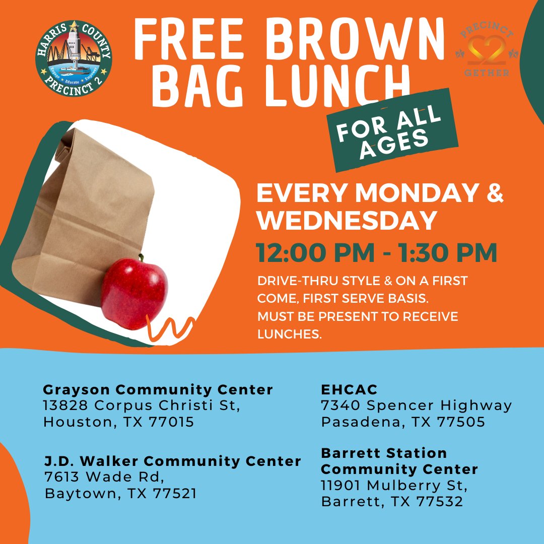 HarrisCoPct2's tweet photo. TOMORROW: Starting at noon, we will be at four locations serving our communities with #FreeBrownBagLunches. Note: North East Community Center is not participating in this week's distribution. #Pct2Strong #MealsForAll #Working2gether https://t.co/tiOKKAsF9g