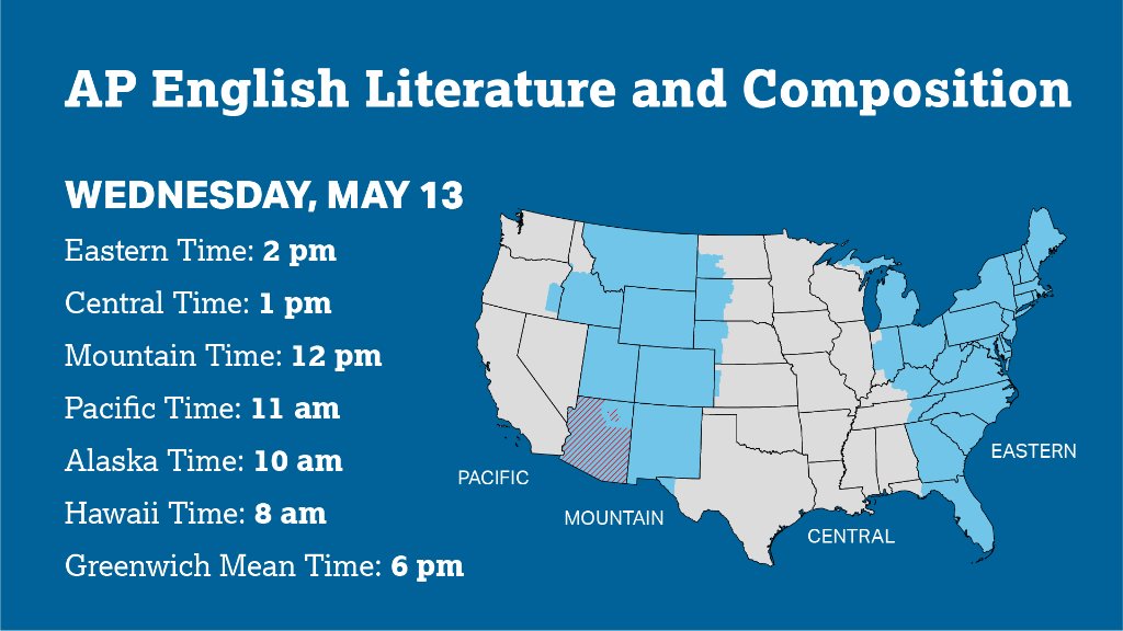 APforStudents's tweet photo. AP English Literature students will take their exam tomorrow! 
▶️ Exam details: https://t.co/e1woYuqlvS
▶️ Get ready: https://t.co/i5LVMKhmIz

The exam will begin at 2 pm Eastern Time. This time zone converter can help you find your local testing time: https://t.co/0LEr3rJqPA. https://t.co/eeSQTwv3Bh