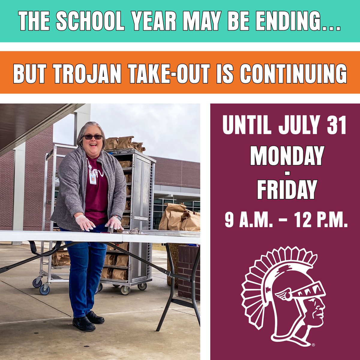 jenksps's tweet photo. Trojan Take-Out is continuing until July 3️⃣1️⃣! Come get free meals every Monday through Friday, from 9 a.m. until noon in the high school oval! 😋 https://t.co/NsU9uDgpyR