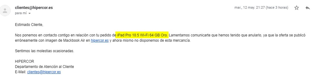 LaCosaEstaFatae's tweet photo. @RubenSanchezTW

Hola Rubén, tengo un caso de compra con miles de afectados por un anuncio de un iMAC en Hipercor.Adjunto imagen y el mail del supuesto error.Como verás en el mail indica la compra de un Ipad, pero compramos un imac. Le agradecería si nos pudiera orientar,gracias! https://t.co/M7EiUHsGCI