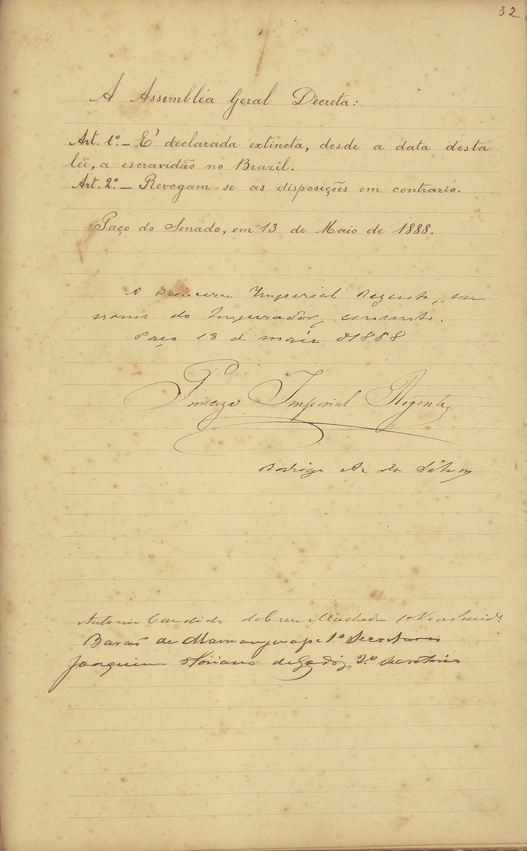 #NumDiaComoHoje mas em 1888 foi assinada pela princesa Isabel a Lei Áurea, que decretava o fim da escravidão no Brasil. Ela sancionou o decreto na sua terceira e última regência, quando o Imperador D. Pedro II estava fora do Brasil. #LeiAurea132Anos