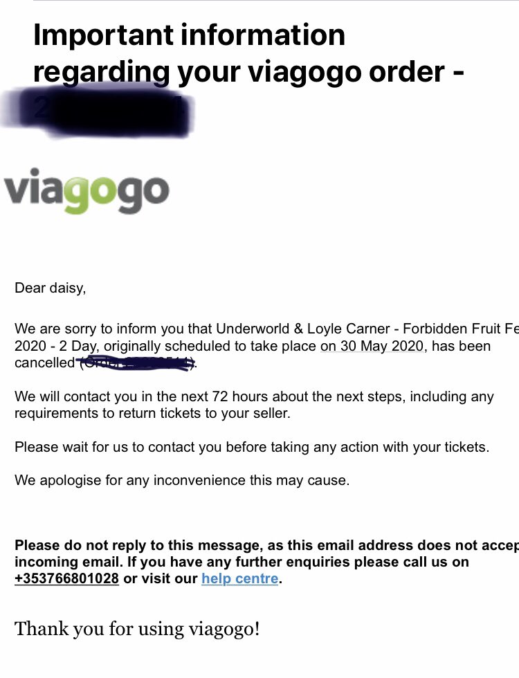 abbygreen3's tweet photo. So, 2 weeks ago @viagogo sent an email saying FF festival cancelled & they’d be in touch with further info within 72 hrs. No info since then & now same email sent out. Still no info on refund. #joke #viagogofail #neveragain https://t.co/GGw2JMkEBz