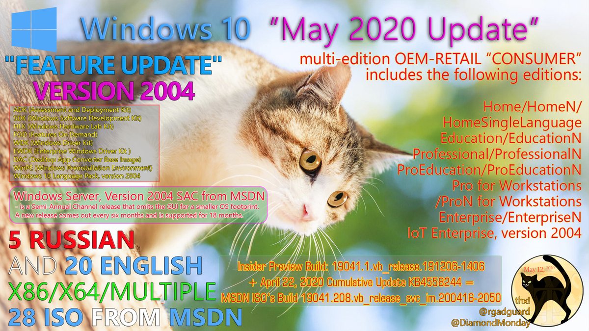 WZorNET's tweet photo. 😻📢Windows 10 Version 2004 / Windows Server Version 2004 #SAC, #May2020Update
📋#20H1 19041.208.vb_release_svc_im.200416-2050 with Aprill 22, 2020 #CU #KB4558244
📁ENGLISH|RUSSIAN, X86/X64, #CONSUMER/#BUSINESS/#SERVERSAC+#DEVTOOLS from #MSDN 28-ISO👉https://t.co/eQHMA46DXu
👁️WZT https://t.co/fOzzX9IIua