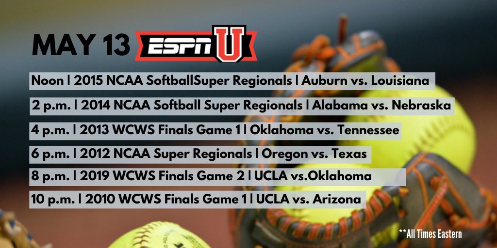 Looking forward to tomorrow and some incredible #softball games on the U... some of these battles will STILL make you nervous 😬! 🥎❤️ @NCAAsoftball @ArizonaSoftball @UCLASoftball @OU_Softball @TexasSoftball @Vol_Softball @AuburnSoftball @RaginCajunsSB @OregonSB @HuskerSoftball