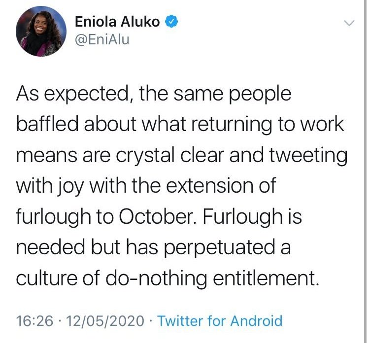 Eni Aluko, our women's sporting director, has embarrassed herself and the club again with a series of ludicrously ill informed tweets this evening. People aren't on furlough because they are lazy, they are on it because staying home saves lives and helps us beat the virus.