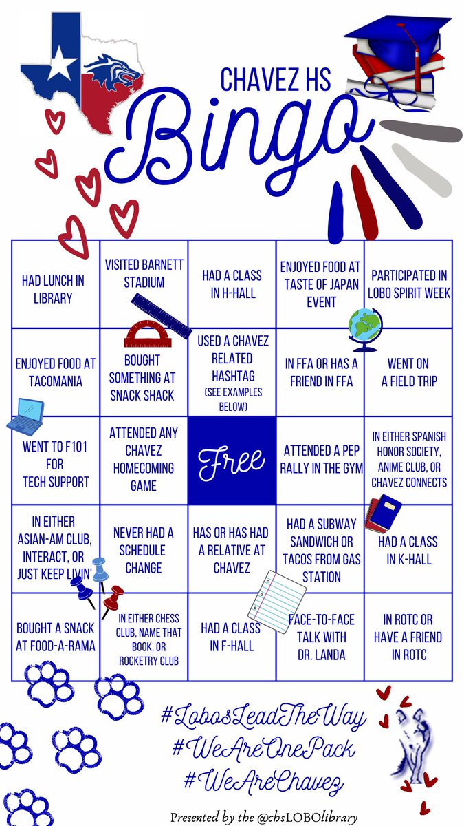 Chavez Lobo Library (@chslobolibrary) on Twitter photo 📣Hello <a href="/ChavezHS_HISD/">César E. Chavez High School</a>! 
🎓Time for some BINGO🐺
👀Share your results & tag us!
#LoboBingo 💕
#LobosLeadTheWay 
#WeAreChavez
#library 📚 📣Hello <a href="/ChavezHS_HISD/">César E. Chavez High School</a>! 
🎓Time for some BINGO🐺
👀Share your results & tag us!
#LoboBingo 💕
#LobosLeadTheWay 
#WeAreChavez
#library 📚