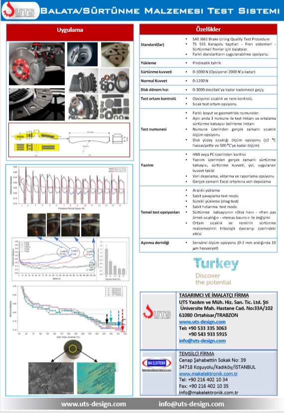 UTS Mühendislik Triboloji Grubu yeni bir balata malzemesi test cihazı geliştirme sürecini başlatmıştır.  Cihaz dinamometre testleri öncesi ilgili standartlara göre  balata bileşimi geliştirme ve mevcut balataların da özelliklerini  belirlemek amaçlı olarak kullanılabilecektir.