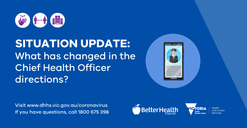 The <a href="/VictorianCHO/">Chief Health Officer, Victoria</a> has updated directions. Everything you need to know can be found at dhhs.vic.gov.au/coronavirus 
#COVID19 #COVID19Aus #COVID19Vic