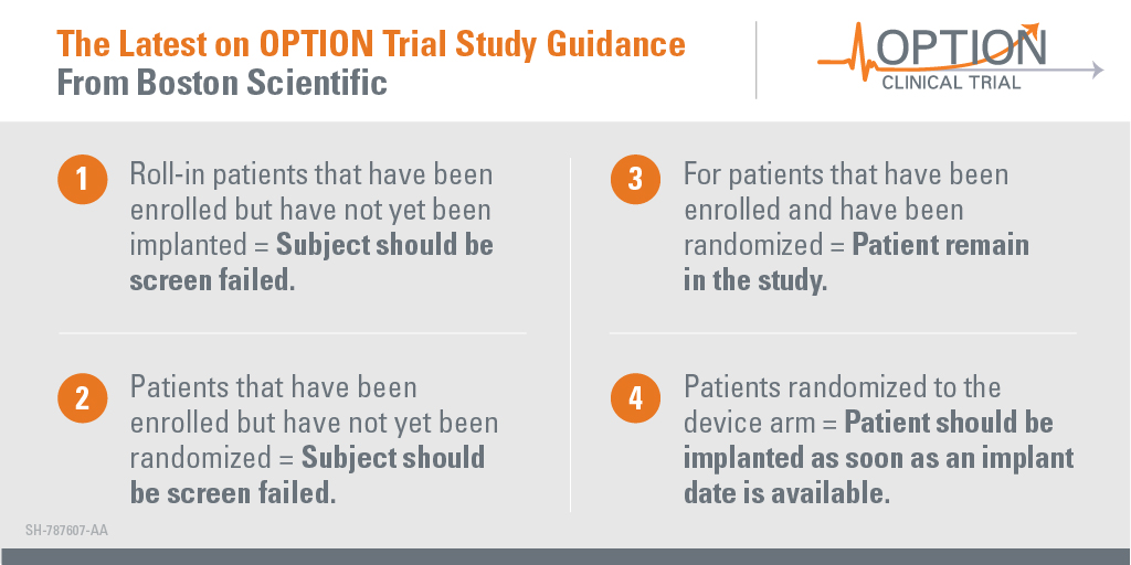 EPLabDigest's tweet photo. The latest on #OPTIONTrial study guidance due to #COVID19 for sites unable to schedule procedures. @BSCCardiology has shared their first priority during this time is the safety of physicians, their healthcare teams and patients. @Drdevignair @omwazni @dngibson2 @SaumilOzaMD https://t.co/pY7i4QFDNq