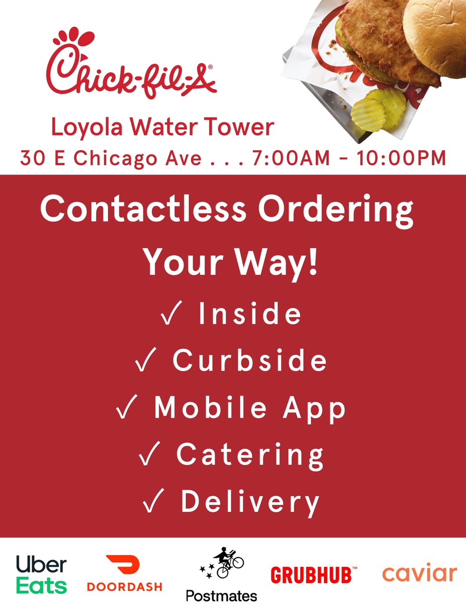 chickfilachi's tweet photo. We are open at 30 E Chicago from 7:00AM - 10:00PM, Monday through Saturday!
 . . .
#contactlessordering #chicagocarryout #chicagodelivery #chicagocurbside https://t.co/riHXm4qWtC
