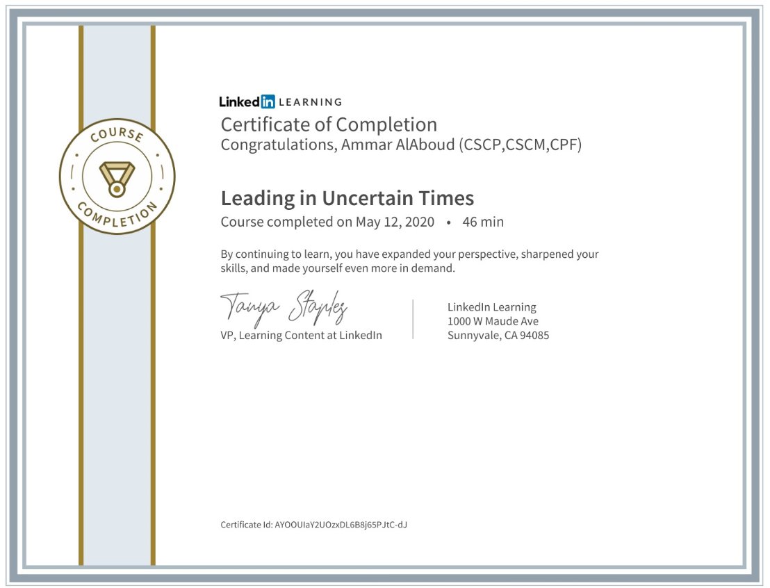ammaralaboud's tweet photo. Just finished the course #Leading in #Uncertain_Times through #LinkedIn_Learning @LI_learni
الحمد لله أتممت #القيادة في الظروف الغير متوقعة عبر منصة #لنكدان الافتراضية، دورة قصيرة و ماتعة https://t.co/YsGnPa5g7V