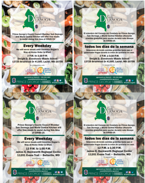 Councilmember Tom Dernoga has partnered with World Central Kitchen to provide meals. They will be doing this every weekday until the Governor lifts the Stay-at-home Order. Each meal will be sealed, made by Honey Flower Foods and will include a green, starch, and protein.