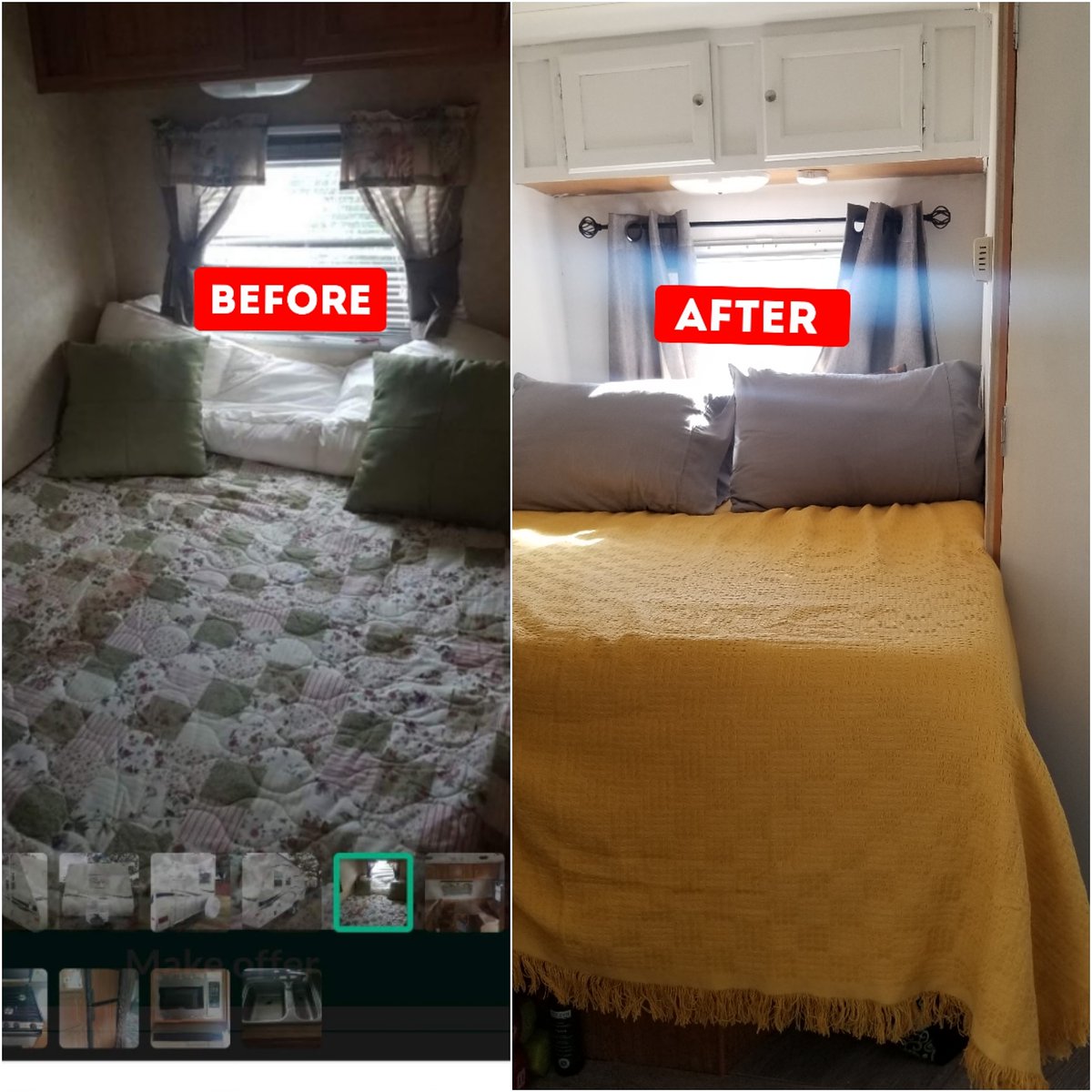 TinyHouseColor's tweet image. This a cozy bed, we changed some colors, got a new mattress and new curtains to make it feel like a home.  

#tinyhouseofcolor #rvfulltime #rvremodel 
#tinyhouselife #rvliving
#remodeling #interiordesign #tinyhouse
#beforeandafter #womenofcolor