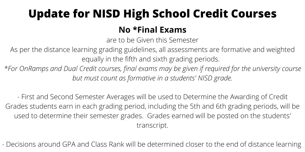 OC students - There will be NO finals given this semester, so focus on completing all your assigned work through distance learning, doing your best on your AP Exams, and finishing strong!