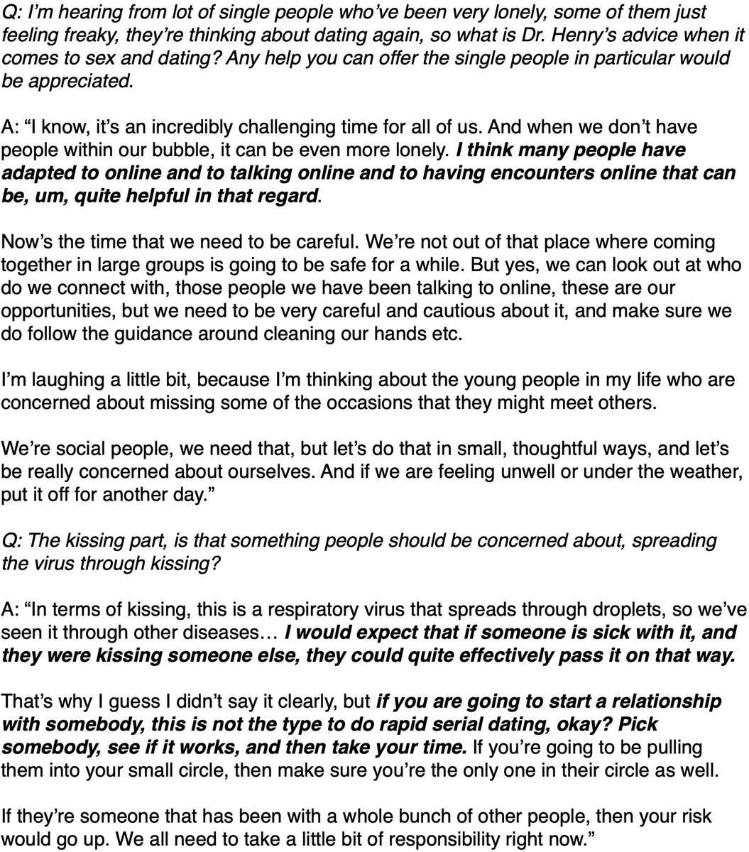 Here's the rough transcript of what Dr. Bonnie Henry, Provincial Health Officer for British Columbia, had to say today about sex, dating and kissing in the time of  #COVID19