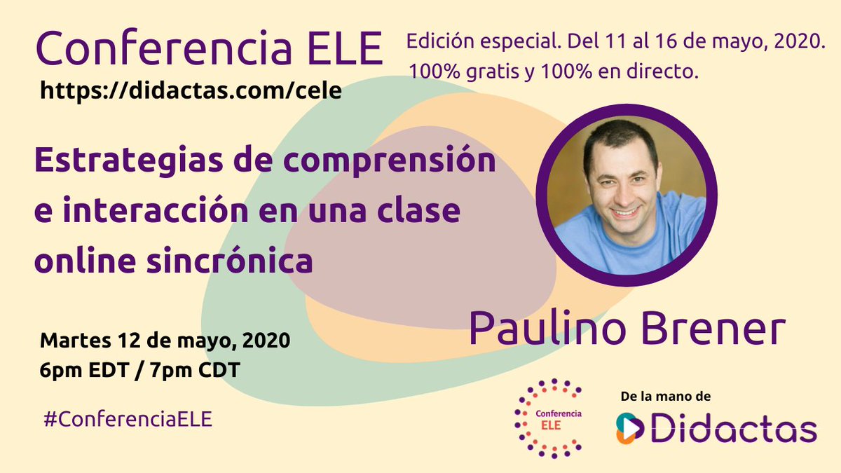 Starting soon.
En breve <a href="/PaulinoBrener/">Paulino Brener</a> presenta “Estrategias de comprensión e interacción en una clase online sincrónica” para #ConferenciaELE
Puedes verlo en  youtube.com/watch?v=zRhgcS…
Inscripción gratis en la Conferencia ELE en buff.ly/2WHqCsR