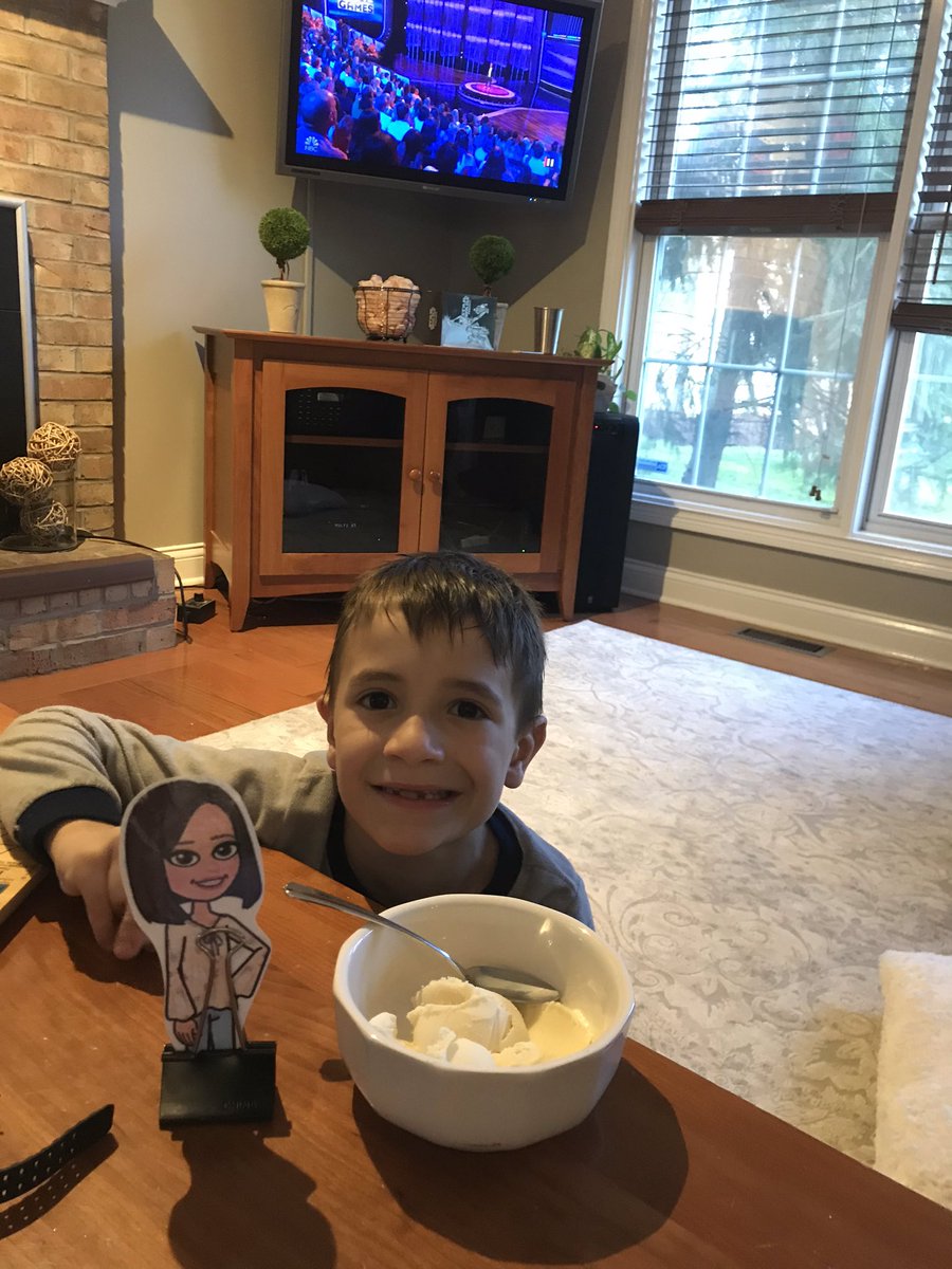wbarberic_us's tweet photo. Relaxing watching Ellen’s game of games and eating ice cream with flat Mrs. Mock. #mrsmocksclassrocks https://t.co/3TIylcvDO2