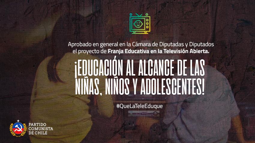 DiputadsPC_indp's tweet photo. #QueLaTeleEduque hoy dio un paso importante al ser aprobado en general por @Camara_cl. Ahora seguirá su discusión en particular en la comisión de Cultura. 👏👏 https://t.co/fijVOsxUZo