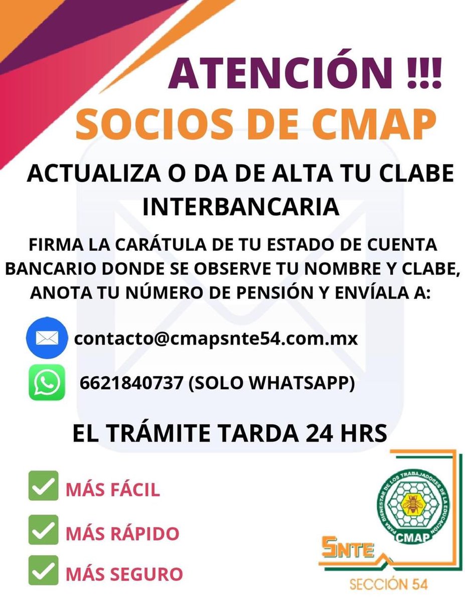 FJARREDONDO1's tweet photo. 📢 ATENCIÓN ‼️
Se les recuerda la importancia de tener registrada su CLABE INTERBANCARIA para los servicios que nuestra institución te ofrece ✅🏦

#UnidosParaTrascender
#QuédateEnCasa @raylagarda @SNTE54mx @cmap54 @ceballoscorral https://t.co/7Sr8iVp4xm
