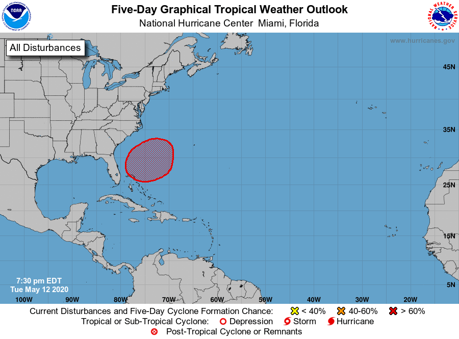 NHC_Atlantic's tweet photo. An area of low pressure is expected to form just north of the Bahamas late this week or early this weekend.  This system has a high chance of becoming a subtropical depression or storm this weekend while it moves northeastward over the western Atlantic.  https://t.co/m9946DGzPQ https://t.co/JkWJBY84a8