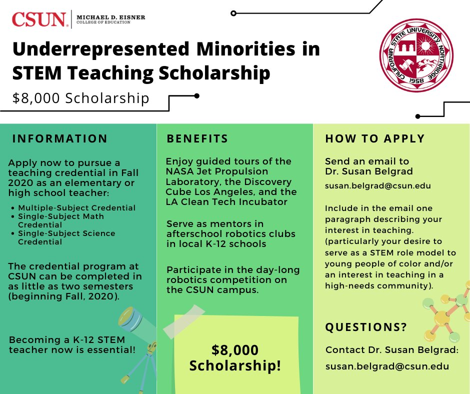 EisnerEducation's tweet photo. Calling all future teachers! $8,000 STEM Teaching Scholarship available now. #CSUNTeachingCredential #TeachingInspires https://t.co/dQZ31WWJb3