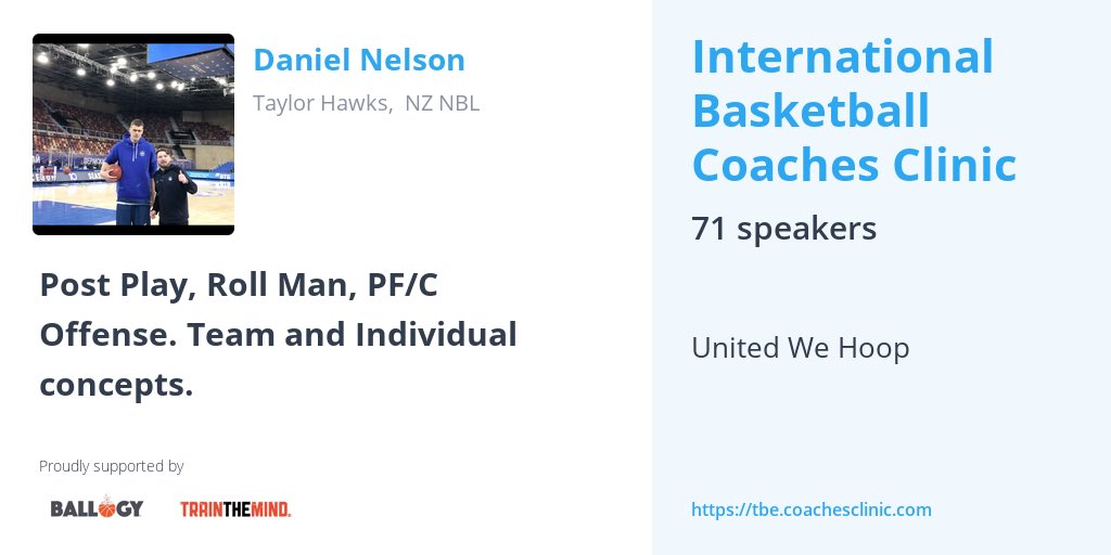 Glad to be a part of The Basketball Embassy’s International Coaches Summit!
Topic:
Post Play, Roll Man, PF/C Offense. 
Team & Individual concepts.

Please tune in for my free session on May 16 at 14:00 CST. 20:00 GMT+1 (Ireland)

#unitedwehoop 

 tbe.coachesclinic.com/talks/post-pla…
