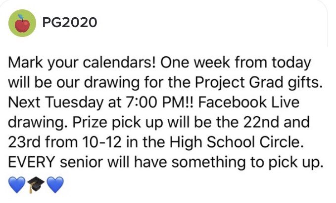 bhpg2020's tweet photo. Hop on the Facebook live next Tuesday at 7! And 10am-12pm on the 22nd and 23rd are important dates too! EVERY senior will have something to pick up! We are so proud of the class of 2020🦅🎓💙 https://t.co/0aMxIFKqnP
