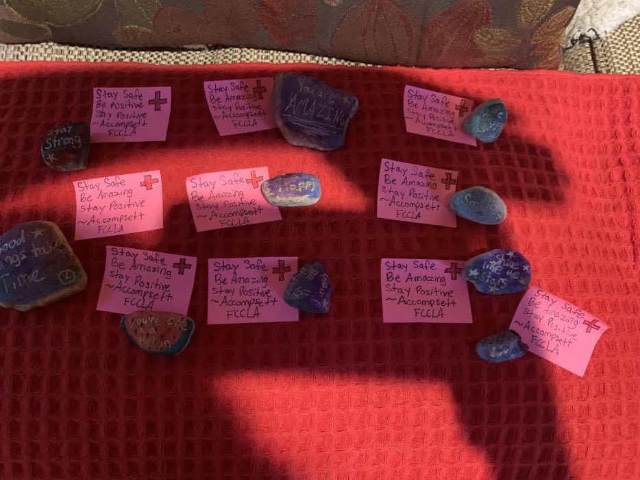VGompers's tweet photo. FCCLA students spreading positivity around smithtown by placing messages on rocks and delivering them to neighbors as well as putting them on the sidewalks. @SCSD_AMS https://t.co/XkvXI9CVSh