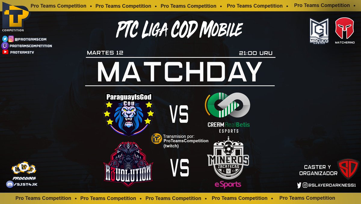 Llego el día 2 de esta segunda jornada de #PTCLigaCODM 🔥

⚔️ <a href="/AlbirrojaCodM/">ParaguayIsGod (CODM)</a> 🆚 @CreamRealBetis
⚔️ <a href="/R3VOLUTION_GG/">R3VOLUTION</a> 🆚 @N3O_eSports

No te lo pierdas por el canal de @ProTeamsCom 🔥
📺 twitch.tv/proteamscompet…

#CoDMobile #MobileGames #SDEra