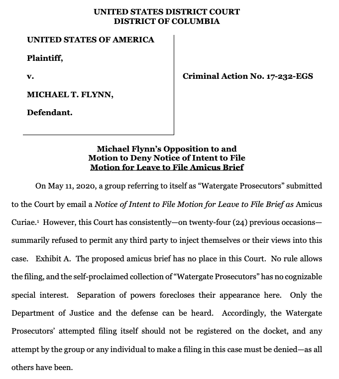 We just got some context for that order tonight from the judge re: amicus briefs in Michael Flynn's case: Flynn's lawyers filed a request to strike a proposed amicus brief from a group called "Watergate Prosecutors"  https://assets.documentcloud.org/documents/6889363/5-12-20-Flynn-Motion-to-Strike.pdf