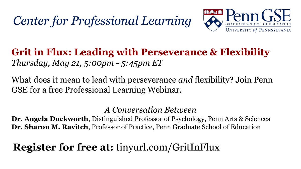 zachherrmann's tweet photo. Looking forward to our next @PennGSE Professional Learning Webinar featuring @angeladuckw and @SharonRavitch - Grit in Flux: Leading with Perseverance &amp; Flexibility. @Wharton @PennSAS @Penn. Register for free at: https://t.co/GbkRdltXkp https://t.co/zZEbcmS6iG