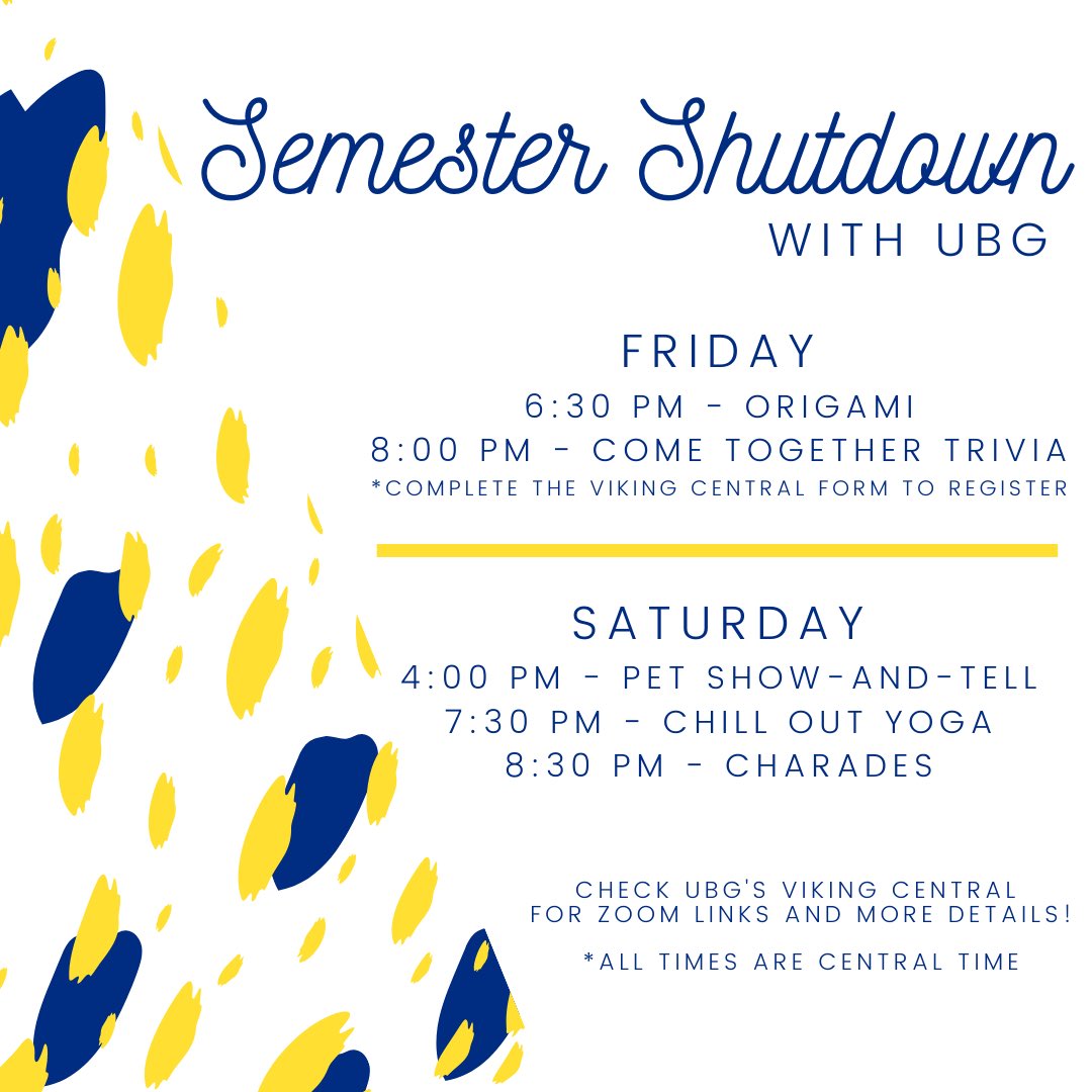 augieubg's tweet photo. While we can’t be on campus for the end of the semester, there will still be SEMESTER SHUTDOWN! 
🌟Origami
🌟Trivia
🌟Pet Show and Tell
🌟Yoga
🌟Charades
Check out our Viking Central page from the Zoom links and to pre-register for Trivia! #FridayNightswithUBG https://t.co/76hENl44tU