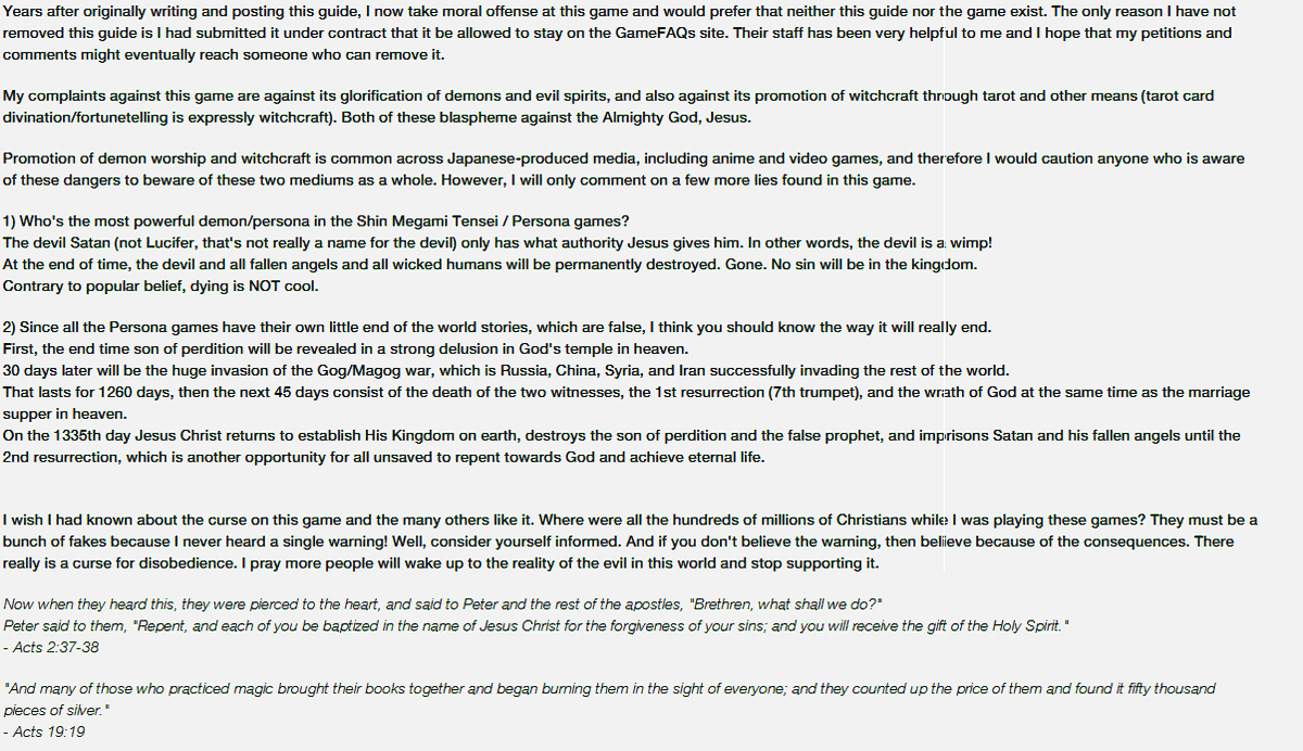 GrahamSig's tweet image. I&apos;ve been playing Persona 2 and using a 9 year old Gamefaqs guide. Today the guide was updated to include this message because the author is now a born against christian