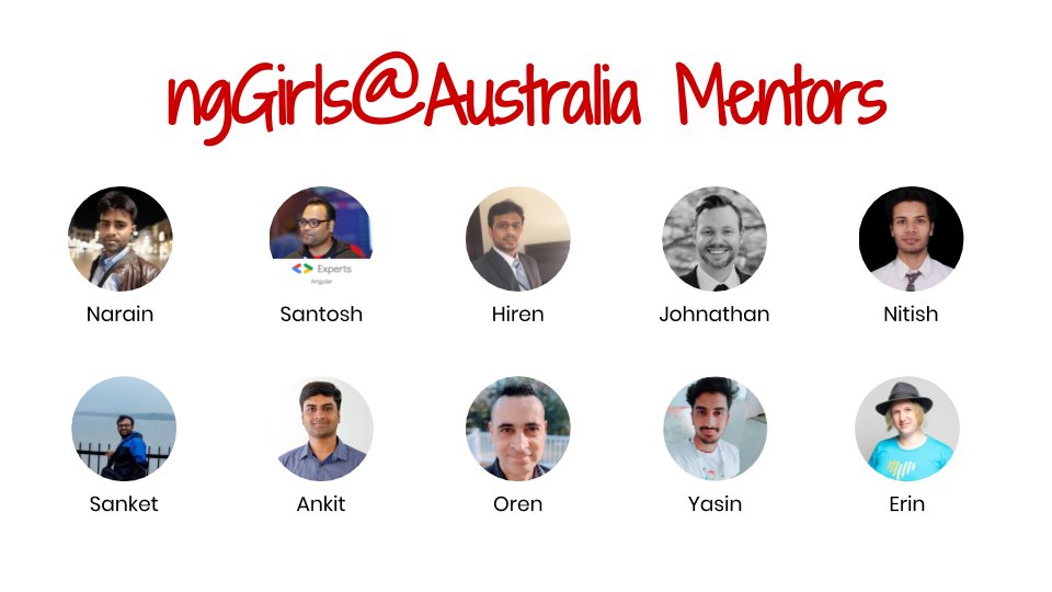 AngularGirls's tweet photo. Please welcome our first round of Mentors for Australia's very first @AngularGirls event 🥳🥳🥳

@narainsagar @SantoshYadavDev @hjdave @JohnathanHair @nitishk72_ @sanketmaru 
@ankitsharma_007 @orizens @YasinShah9598 @ErinJZimmer 

Thank you all 🙏🙏🙏

#WomenInTech #WomenWhoCode https://t.co/s7q49rQn7i