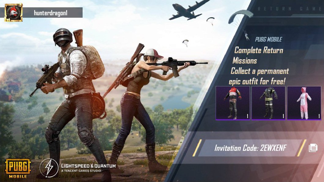tahseen_25's tweet photo. Complete PUBG MOBILE Return Missions! Collect a permanent epic outfit for free! My invitation code: 2EWXENF https://t.co/zJDkmcFeN3 https://t.co/V92X3I4IMW