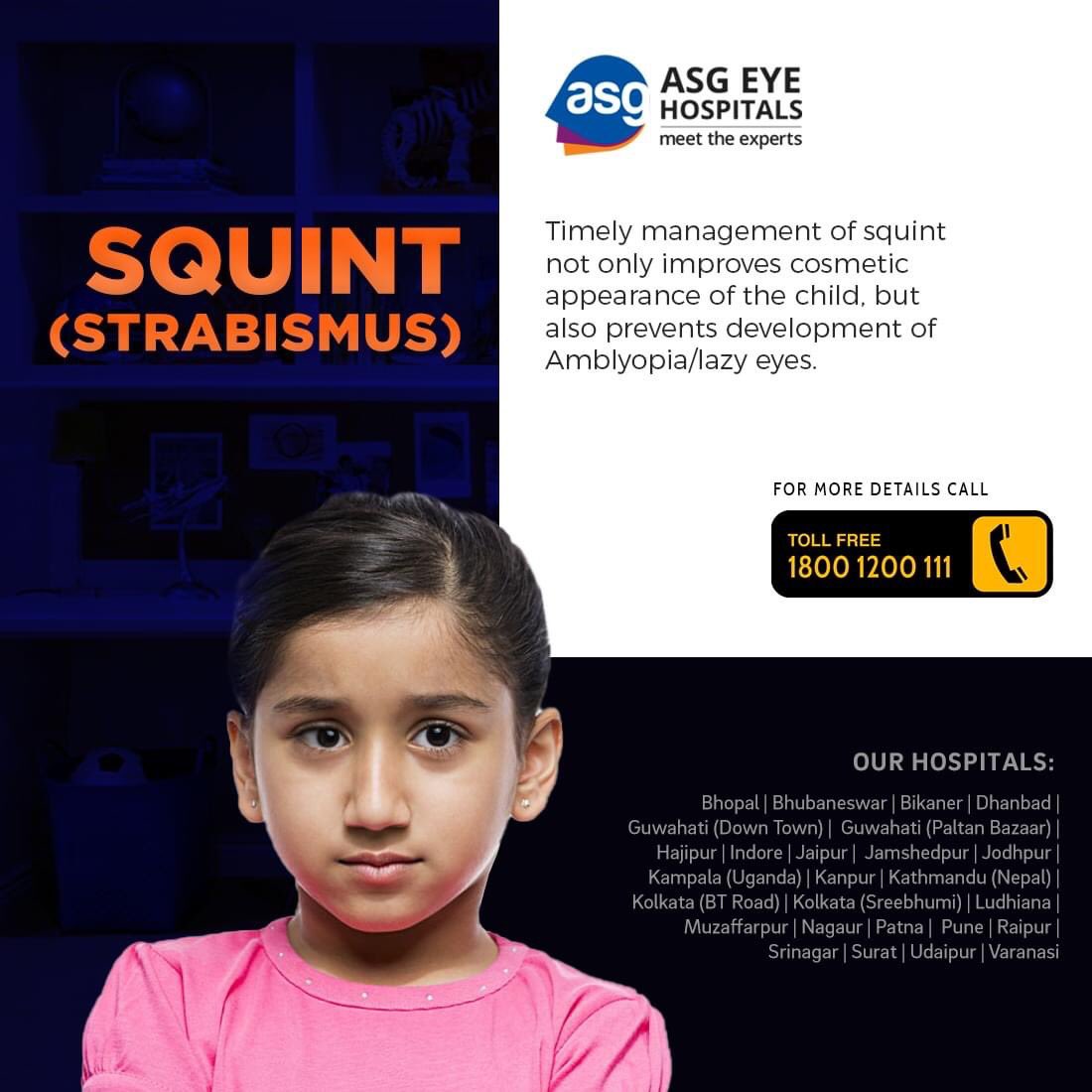 ASGEyeHospitals's tweet photo. Timely management of squint not only improves cosmetic appearance of the child, but also prevents development of Amblyopia/Lazy eyes.
For any eye related problem or help call us at: 1800 1200 111 (Toll Free)
#squint #squintyeye #squintsurgery #eyes #eyeimprover #lazyeye https://t.co/TAL9bmq8gE