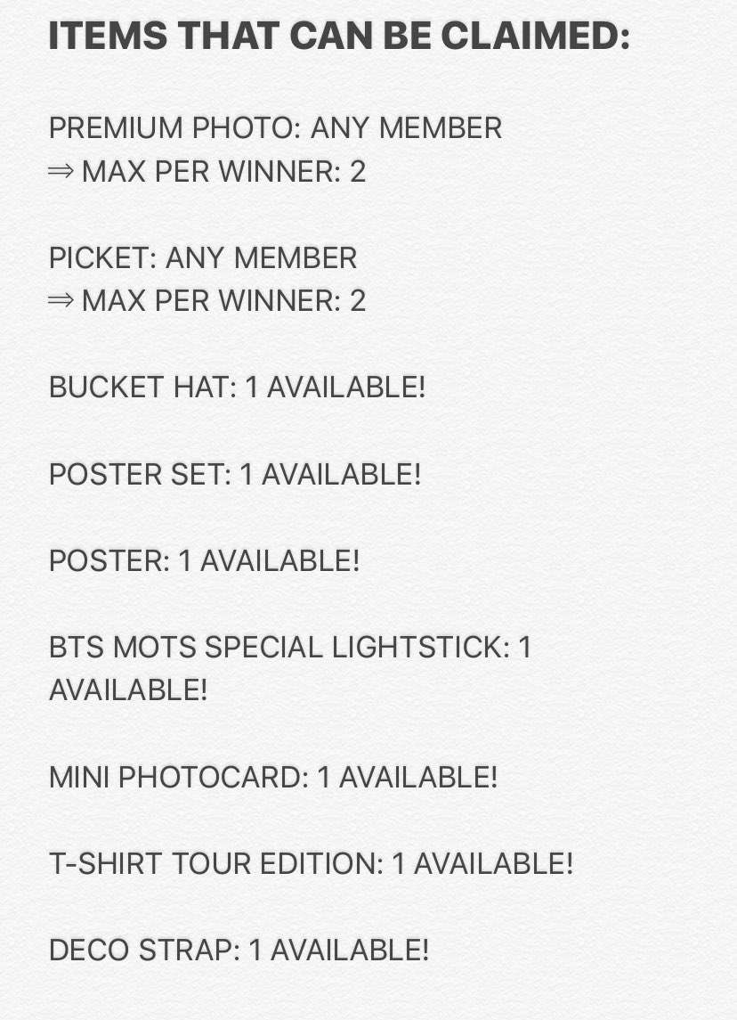 SELECTING AN ITEM: ⇒ I bought lots of merch, but obviously I’m not giving everything away. After a final decision, these are the items I am giving away! ⇒ Meaning this is the list of items the winner chooses from.