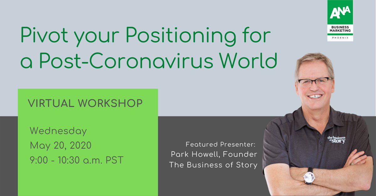 Join us for this virtual workshop where <a href="/ParkHowell/">Park Howell | EMMY Award-Winning Biz Story Coach</a>, founder of the <a href="/businessofstory/">Business of Story</a>, will prepare you to evolve your positioning statement for the world after Covid-19. Register here: bit.ly/2SZSCah