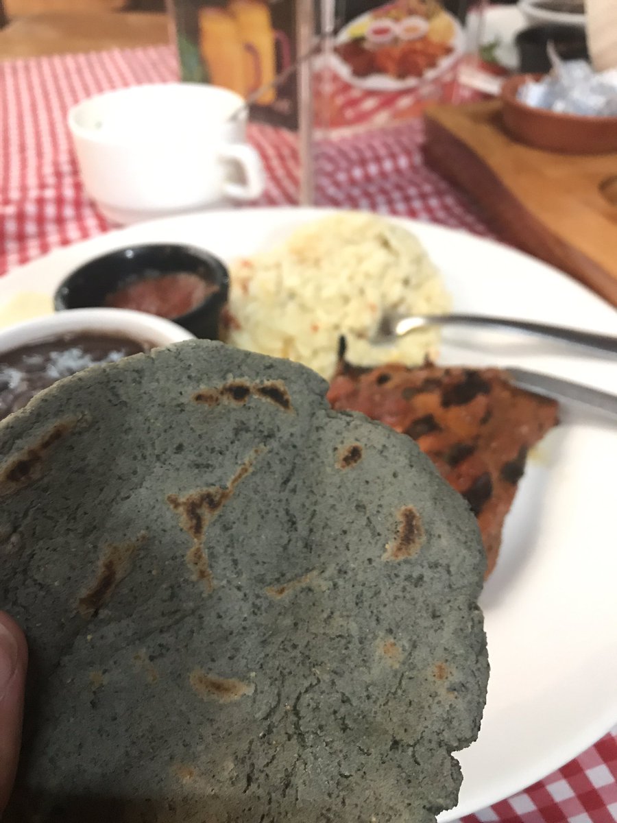 Restauran meal of pork rice beans but look at the blue maize fresh tortilla!