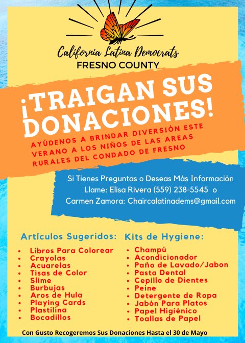 CALatinaDems's tweet photo. 📣📣📣 Ca Latina Dems te necesita! ¡Ayúdenos a hacer bolsitas de verano para niños en las áreas rurales del condado de Fresno! Con mucho gusto recogeremos sus donaciones hasta el 30 de mayo. Envíenos un mensaje o envíe un correo electrónico a Chaircalatinadems@gmail.com https://t.co/YI5OGPa8a7