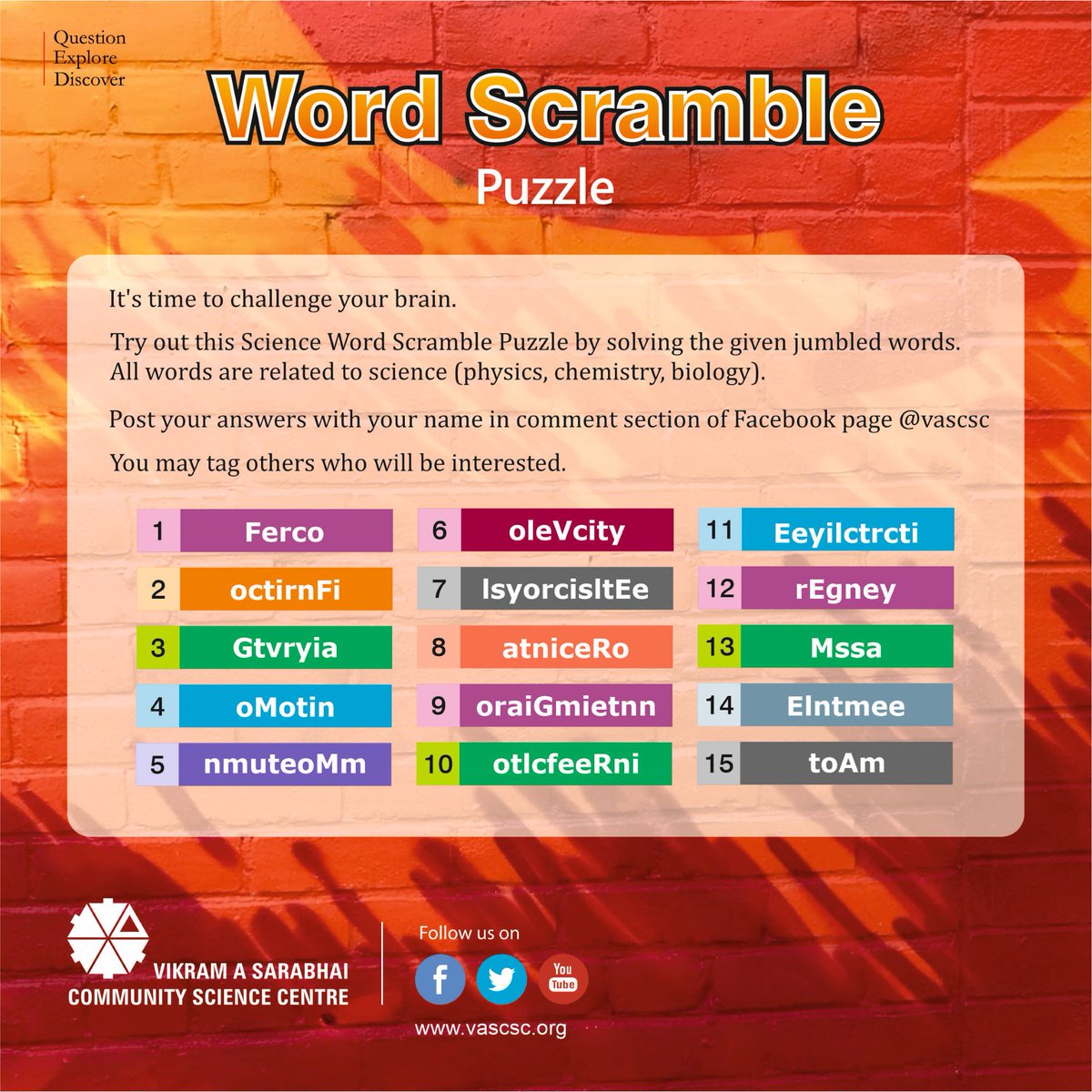 #Wordscramble Science Puzzle specially for you!
You may post answers in comment section.

<a href="/ih_vascsc/">Innovation Hub VASCSC</a> <a href="/Vascscisme/">VASCSC ISME</a> @VASCSCandTTS @VASCSCShop <a href="/Science_Express/">Science Express</a> 
#lockdown #braingames #mindexercise #puzzle #sciencepuzzle #COVID19India