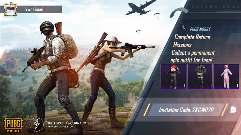 BrantuohL's tweet photo. Complete PUBG MOBILE Return Missions! Collect a permanent epic outfit for free! My invitation code: 2KGWO7P https://t.co/Z8fBqUgQ3k https://t.co/NI3dMJ2nmY