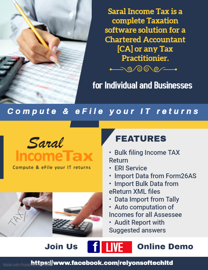 relyoncsd's tweet photo. Hello Everyone 
Saral IncomeTax is an Income Tax software and Audit Report filing solution, which helps to file Income Tax Return and Audit Report Return as per the schema which is given by ITD. 
More details:
Relyon softech Ltd.
9983954441

#saralincometax #relyonjaipur #saral https://t.co/ylKwKywRqr