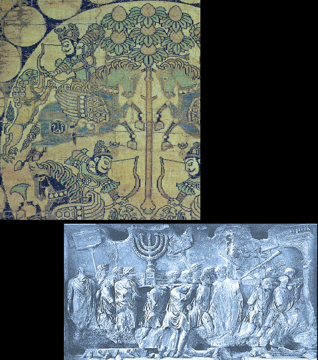 片山徹 V Twitter 推古天皇錦の御旗とローマのティトゥス帝凱旋門のレリーフ 第一次ユダヤ戦争 66 73 でメノラーを持ち出した様子との関係 御旗の中央の七枝柘榴の木は先端に柘榴の実を付けたメノラーを暗示すると考えられます 騎馬民族ソグド人 推古天皇は