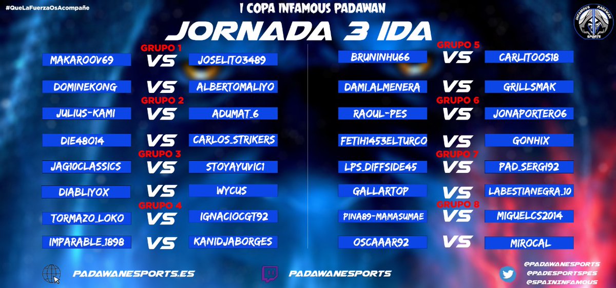 PADeSportsPes's tweet photo. 🇪🇸 Última jornada de la fase de grupos de #CopaInfamousPadawan‼️ #eFootballPES2020⚽️
📢Os dejamos los encuentros de ida previstos para el día de hoy. Suerte a todos🍀#QueLaFuerzaOsAcompañe🚀
@PadawaneSports
@SpainInfamous
@PADeSportsFifa
@PADeSportsPes https://t.co/4sebgXQhg6
