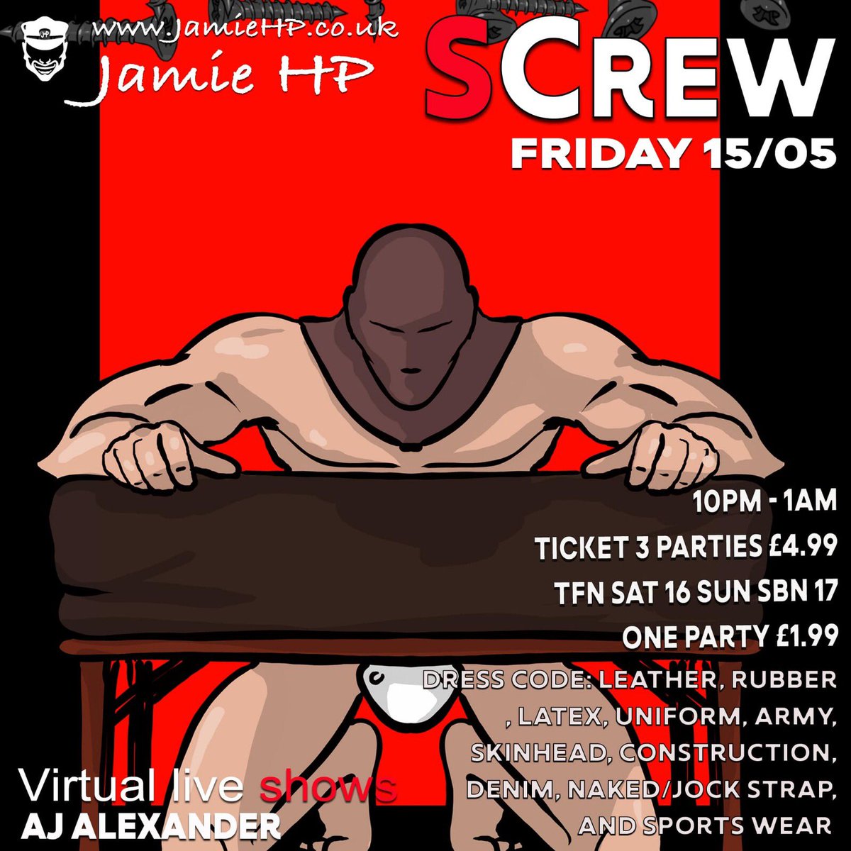 jamiehpevents's tweet photo. #ScREW #Gay Fetish Party Wherever You Are LIVE ON CAM. 
Fri 15th May. 
XXX show by horned up fetish star @AJAlxxxnder.  
Dress in your kinkiest gear, whatever you are into. 
#Wank #Fuck #Play #Cum with tons of filthy guys online. https://t.co/bNiXFB9slf https://t.co/EcdgAXCCae