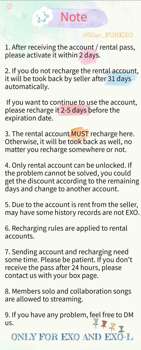 Xiao_FOREXO's tweet photo. 【MelOn】
@Xiao_FOREXO &amp; @EXOVotingTeam 👭

💁Check the note first. NO EXCUSE
❗Account is verified and rental
💓Pass is for one month unlimited streaming only
🚨Use for EXO ONLY
✅Free unlocking for rental accounts
❌No refund

Order: https://t.co/MYh3hRmdsG

#EXO @weareoneEXO https://t.co/laJfYi7Nby