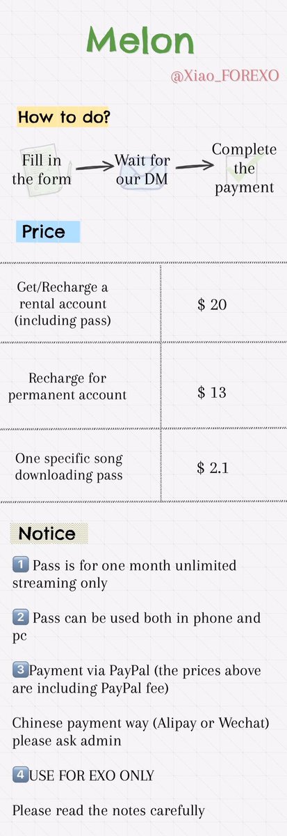 Xiao_FOREXO's tweet photo. 【MelOn】
@Xiao_FOREXO &amp; @EXOVotingTeam 👭

💁Check the note first. NO EXCUSE
❗Account is verified and rental
💓Pass is for one month unlimited streaming only
🚨Use for EXO ONLY
✅Free unlocking for rental accounts
❌No refund

Order: https://t.co/MYh3hRmdsG

#EXO @weareoneEXO https://t.co/laJfYi7Nby