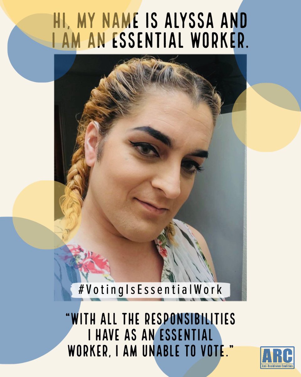 AntiRecidivism's tweet photo. In the time of COVID-19, we are faced with questions of who is essential. Whose labor is essential? Who is essential to our communities? We are resisting the idea that we are essential for our labor but not essential for democracy. 

#VotingIsEssentialWork #PassACA6 https://t.co/qeae3fqEol